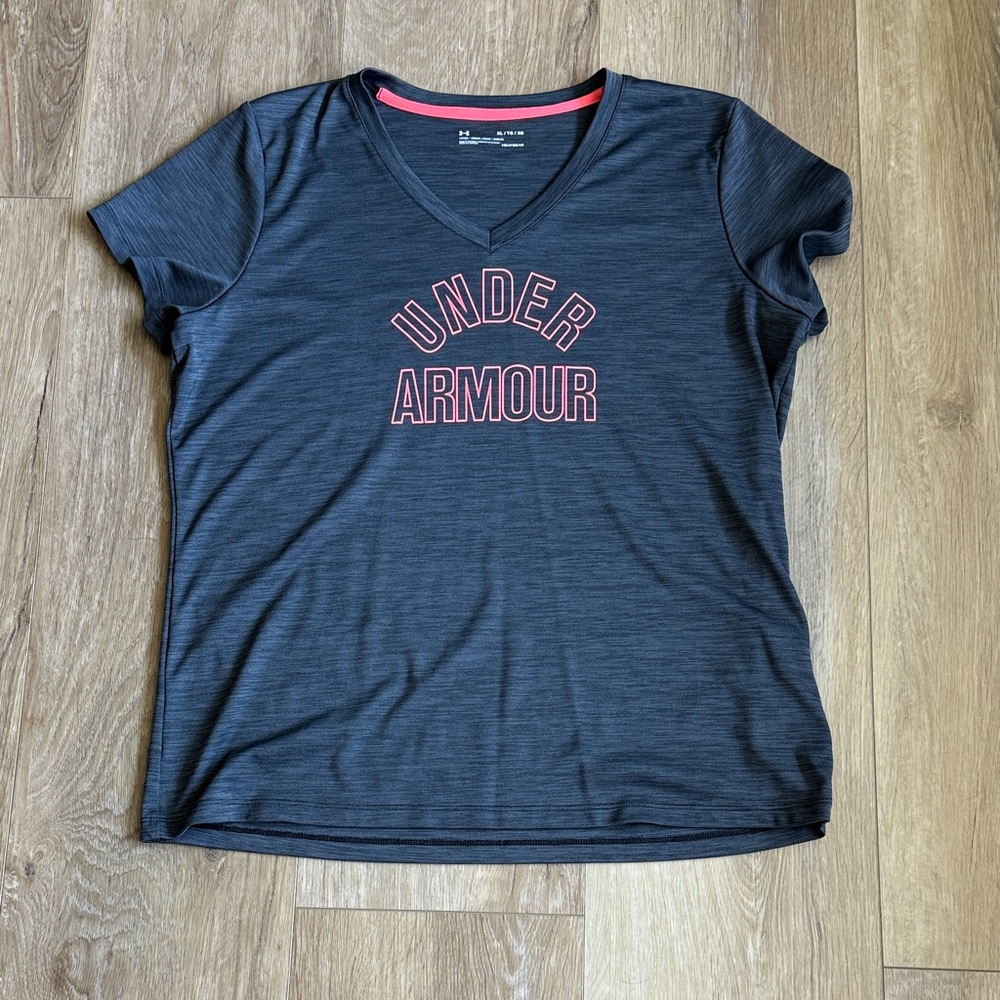 Under Armour Women's Charcoal V-Neck Tee with Pink Logo Trim